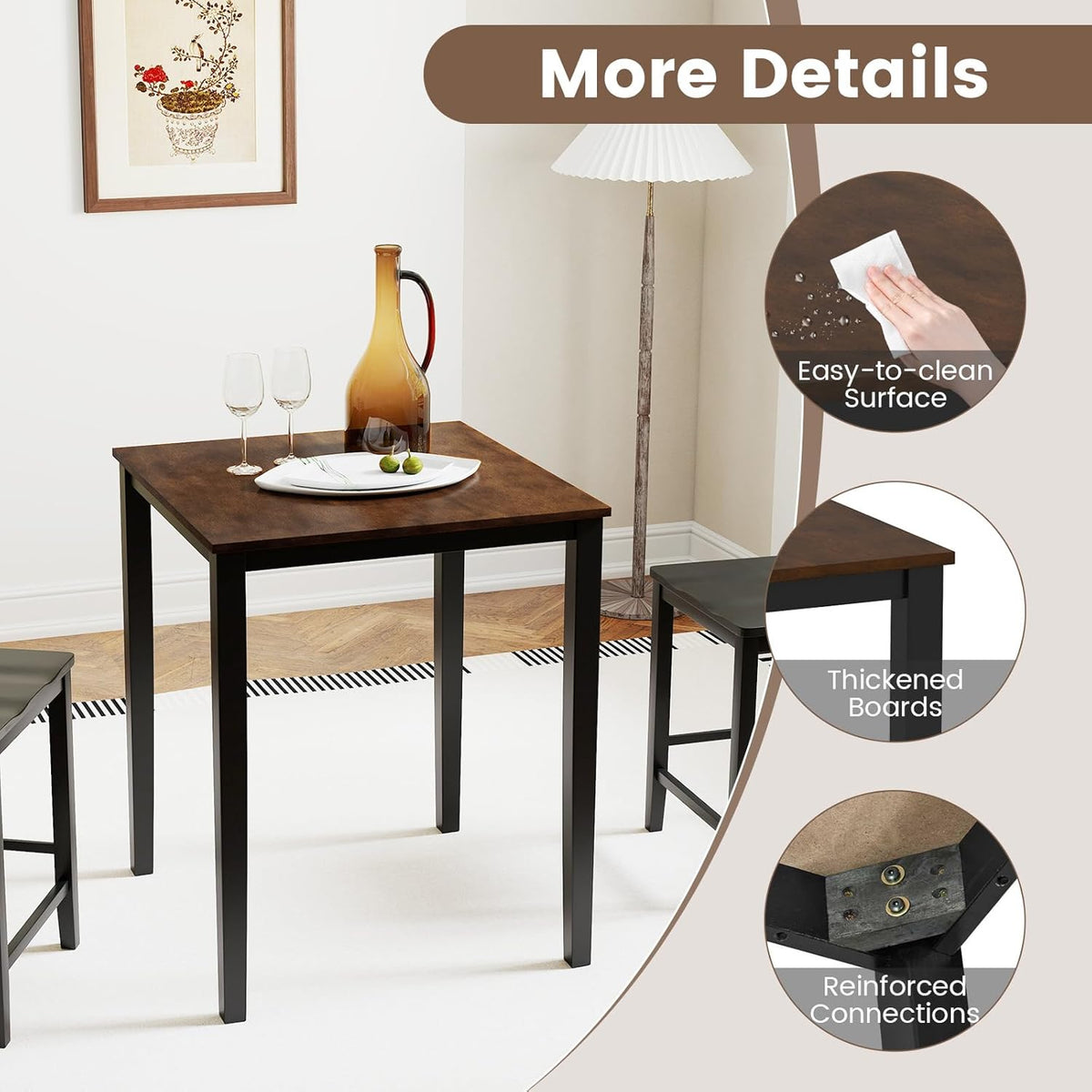 Giantex Square Dining Table for 2-4, 30"x30"x36" Kitchen Table with Solid Rubber Wood Frame, 220lbs Capacity, Space-Saving Dinner Tables for Small Space, Dining Room, Living Room, Pub (Brown + Black)