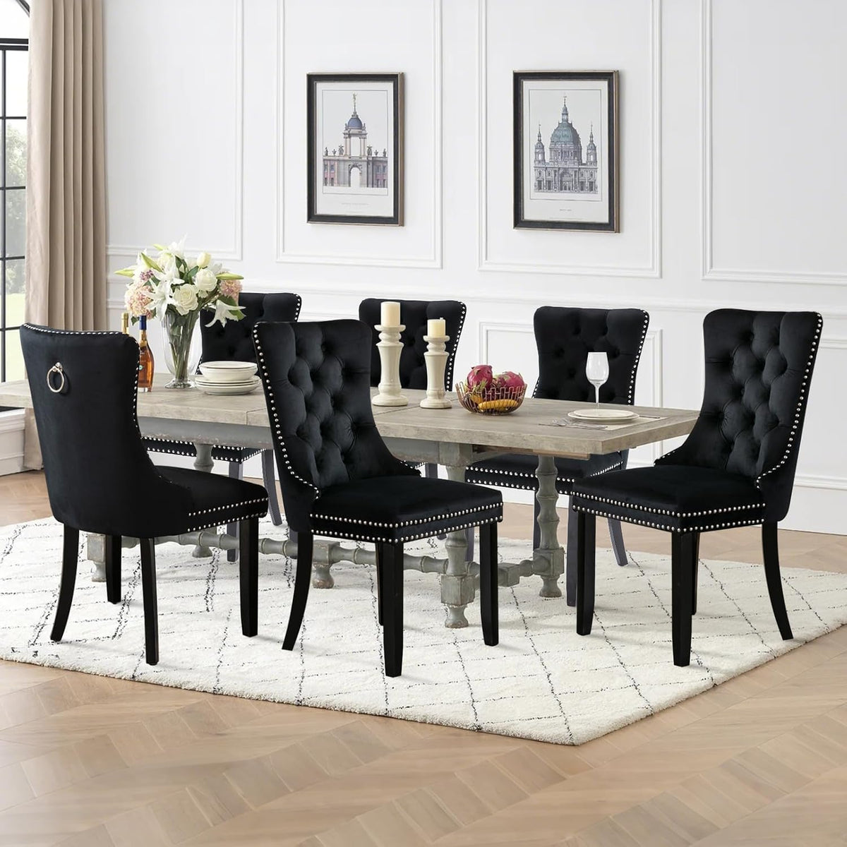 Velvet Upholstered Dining Chairs Set of 4, Modern Mid-Century Kitchen Chairs with High Back, Nailhead Trim and Solid Wood Legs,Metal Pulling Ring for Dining Room Living Room,Black