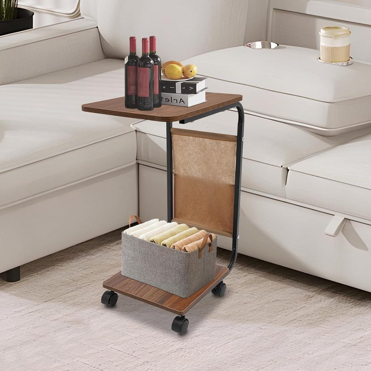 Rolling Side Table, C Shaped Side Table Wooden Couch Side Table with Wheels&Mobile Storage Basket Modern Couch Tables That Slide Under for Living Room Bedroom (Black Stand + Brown Desktop)