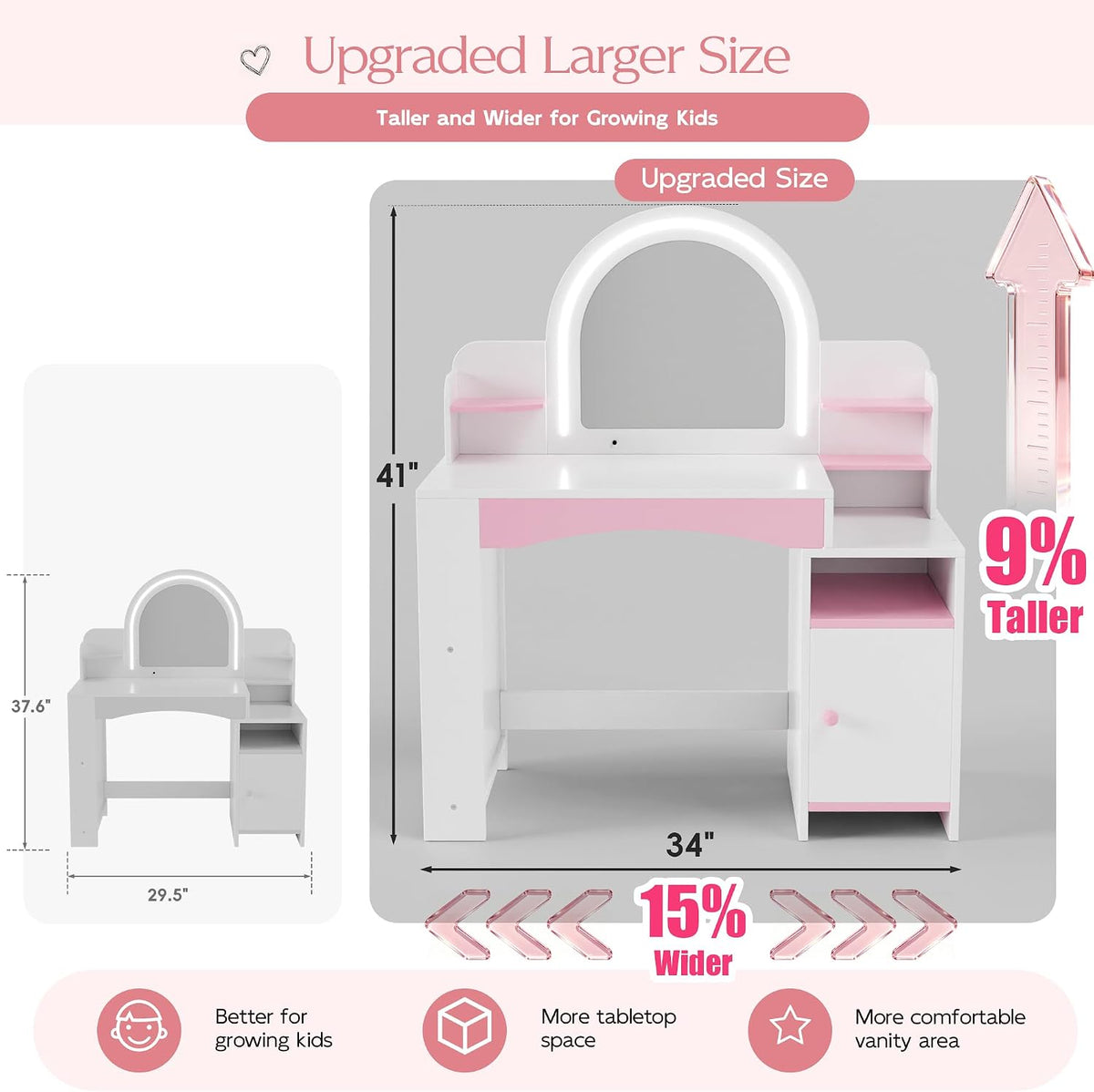MU Kids Vanity with Lights, Girls Vanity Table and Chair Set with Lighted Mirror, Storage Cabinet, Bookshelf & Shelves, Toddler Makeup Vanity Set for Little Girls, White