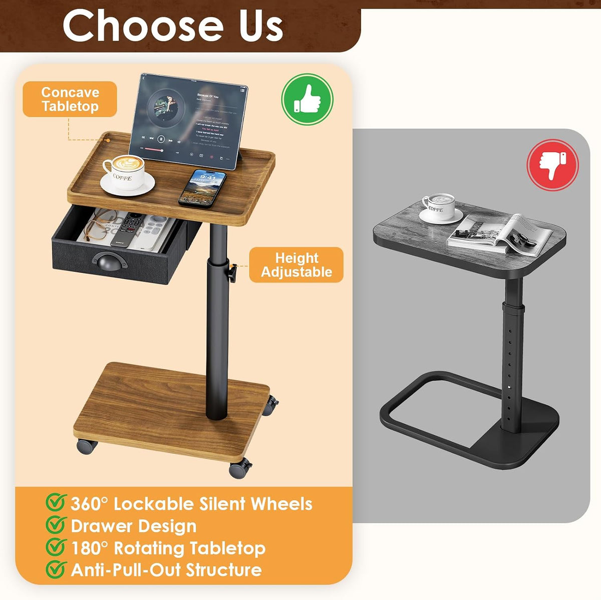 Cutogxon TV Tray Table with Wheels & Drawer,Adjustable Height C Shaped End Table for Eating,End Table with Swivel Top for Small Spaces, Sofa Side Table for Bedroom & Living Room（Walnut Brown）