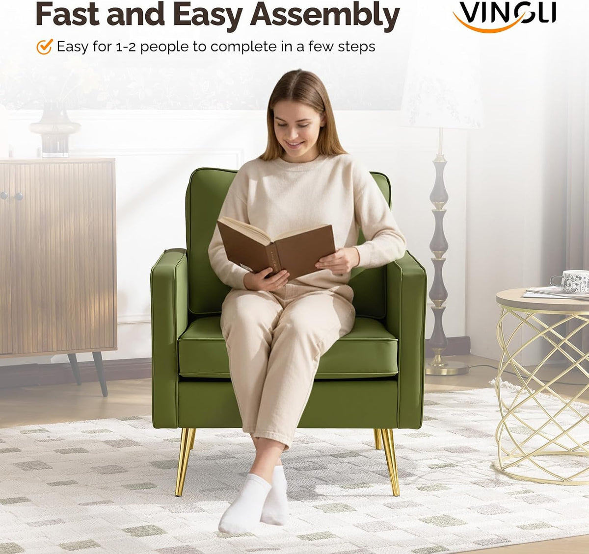 VINGLI Faux Leather Accent Chair with Gold Leg for Living Room, Small Space | Brown Armchair, Thick Foam Cushion, Durable Faux Leather PU, Sturdy 380 LB Frame, Elegant Gold Legs, Compact Modern Design