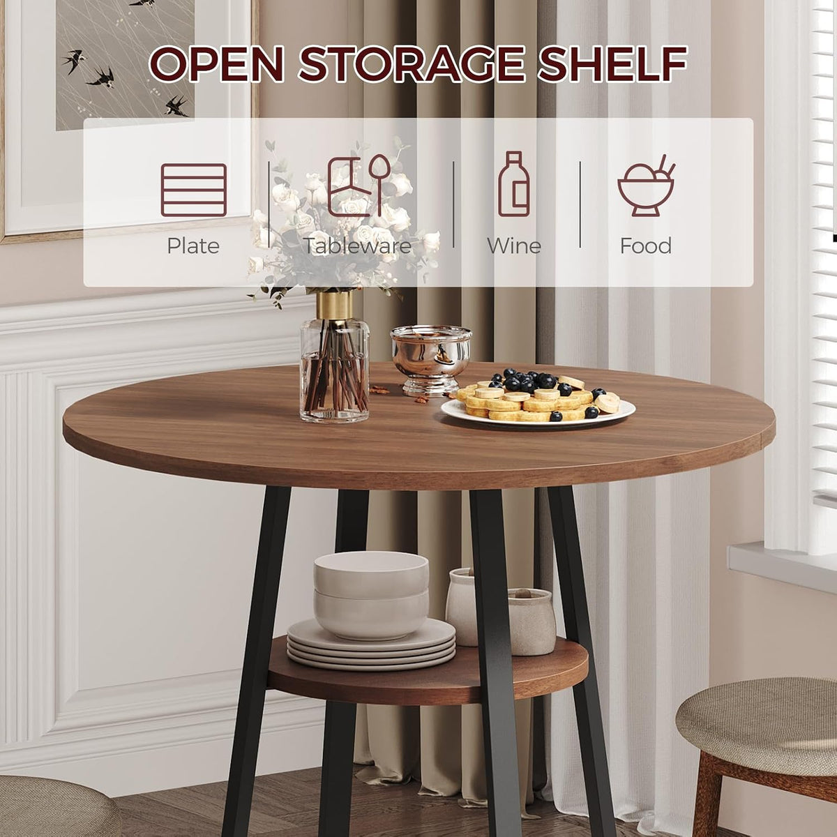 MAHANCRIS 31.5" Round Dining Table for 2-4, Farmhouse Kitchen Table with Storage Shelf, Small Circle Dining Table Space Saving, for Dining Room, Kitchen, Living Room, Walnut and Black DTHZ8201