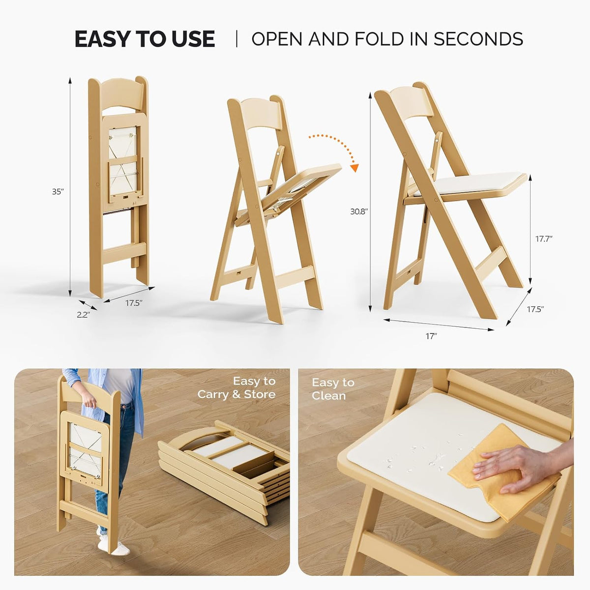 VINGLI Resin Folding Chairs with Cushion, Foldable Plastic Chair with Comfortable Padded Seats, Perfect for Event Party Indoor Outdoor, Natural, 1 PC