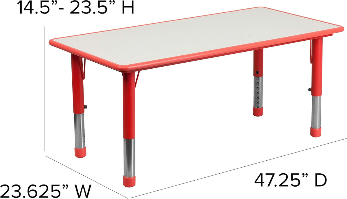 Flash Furniture Emmy 23.625''W x 47.25''L Rectangular Red Plastic Height Adjustable Activity Table Set with 4 Chairs