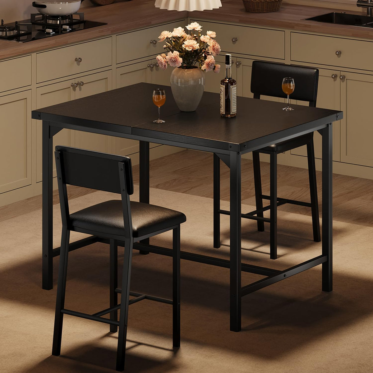 GarveeHome Dining Table Set for 2 with Corner Protector, Kitchen Table Set w/Footrest & Backrest, Counter Height Table with 2 Upholstered Bar Chairs, for Small Space, Retro Black