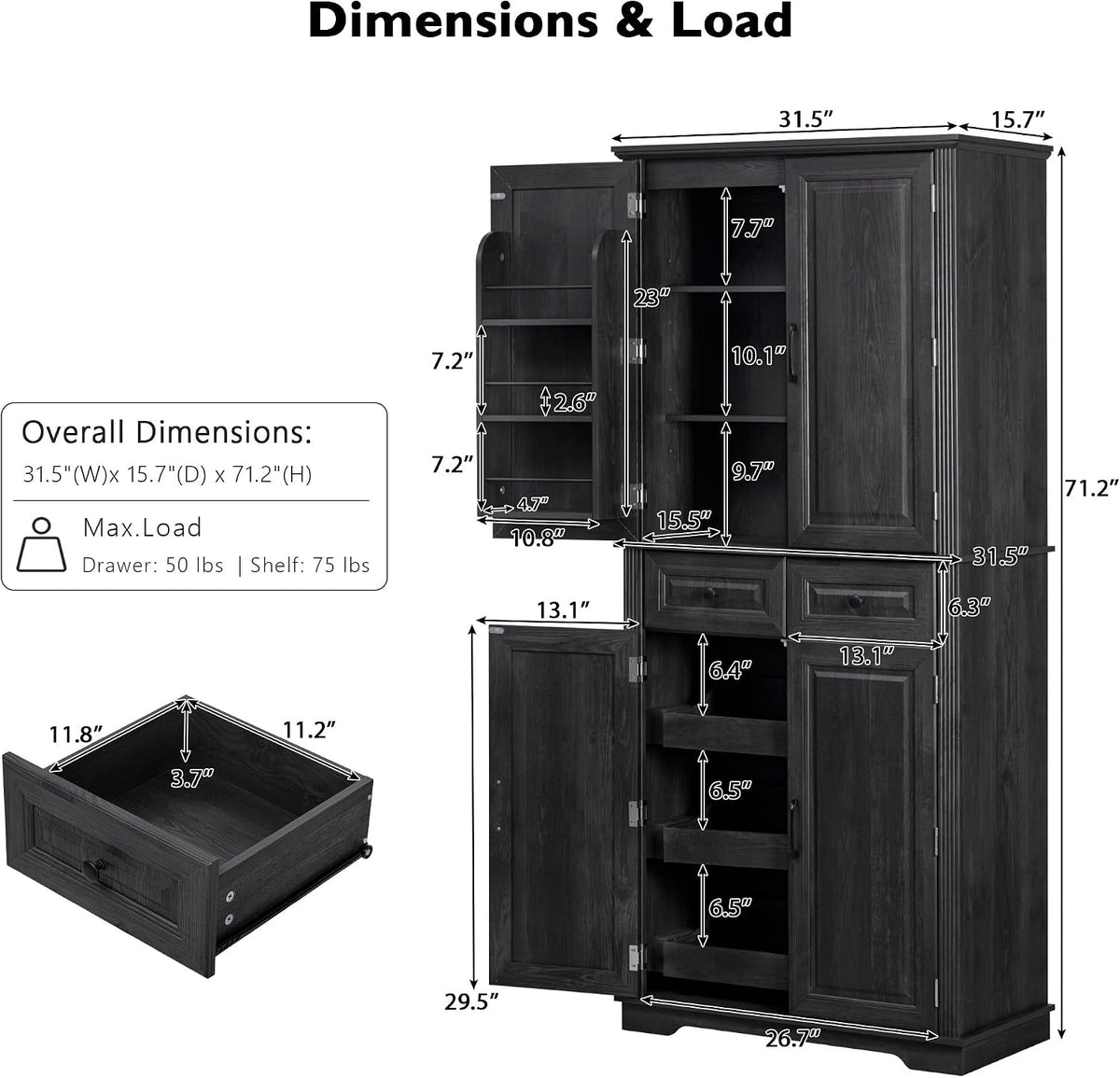 71" Tall Kitchen Pantry Cabinet with 3 Pull Out Cabinet Organizers, Farmhouse Embossed Texture Storage Cabine with 6 Door Shelves, 2 Drawers, Freestanding Cupboard for Kitchen, Dining Room (Black)