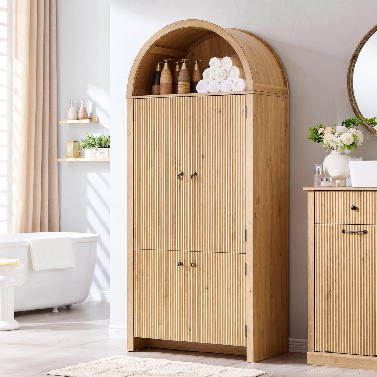 IFGET 71" Tall Arched Kitchen Pantry, Modern Fluted Storage Cabinet,Natural | Wooden Pantry Cabinet with Doors, 3 Adjustable Shelves, 6 Door Shelves, Organizer, Versatile Cupboard for Kitchen, Bathroom
