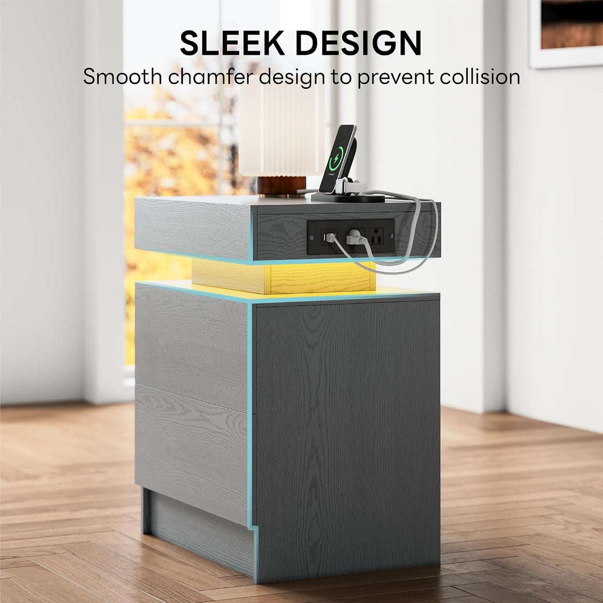 LIKIMIO Nightstand with Charging Station LED Light and 2 Drawers Grey | charging station; LED light; 2 smooth glide drawers; 13.8 D x 18.9 W x 23.6 H in; Grey wood grain