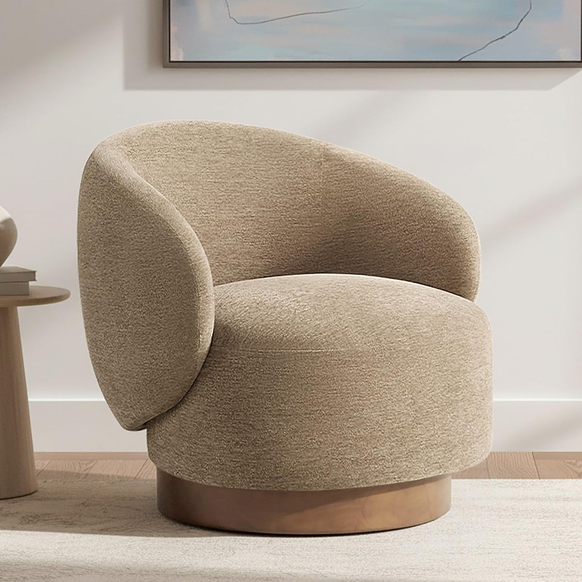 KISLOT Swivel Accent Chair Modern Round Barrel Armchair with Upholstered Performance Fabric for Living Room Bedroom Waitingroom,1 Box,Brown