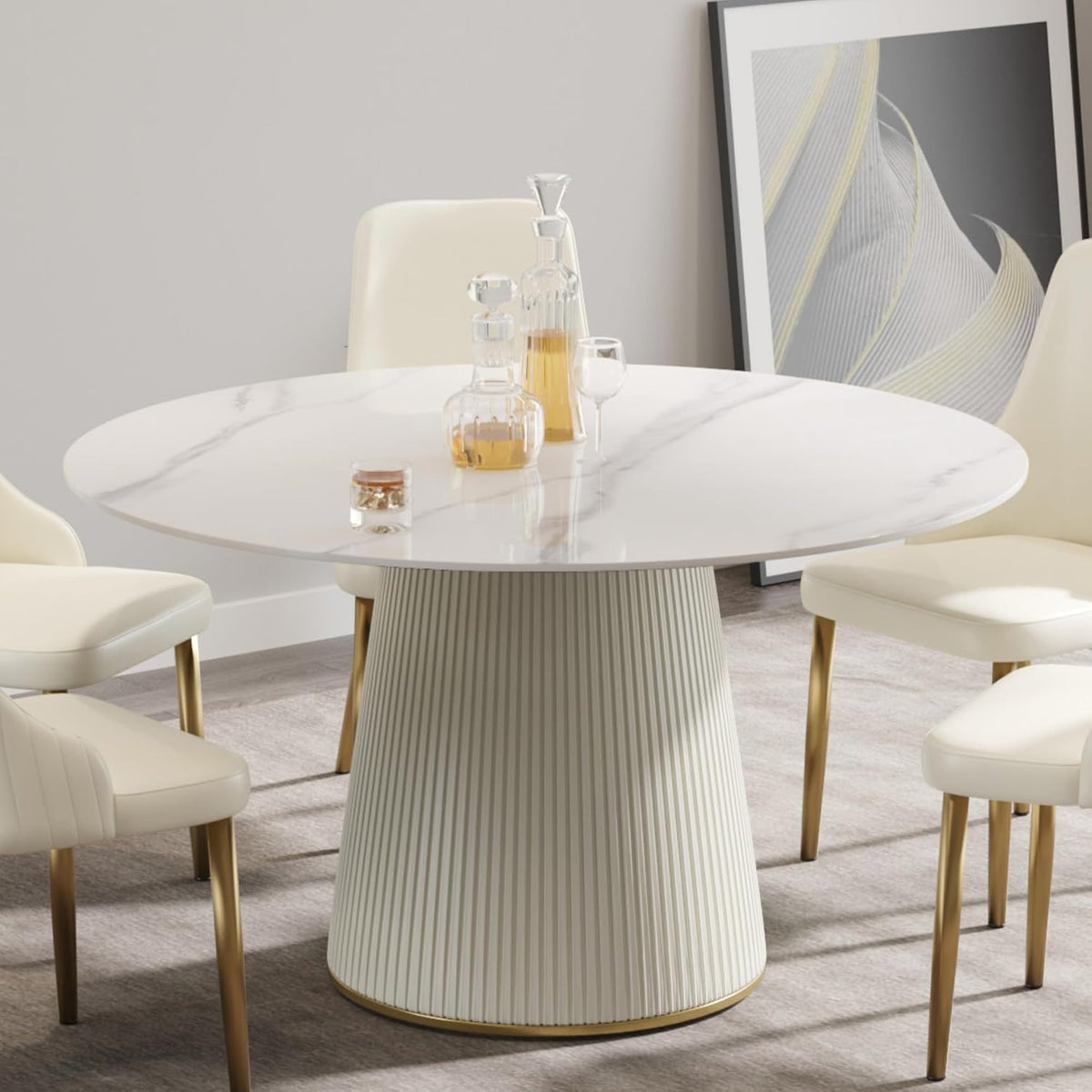 Montary 53” Modern Round Dining Table for 4-6 People, Minimalist Artificial Marble Kitchens Table with Beige Plywood PU Base, Snow Mountain White Sintered Stone Top Dining Room Table