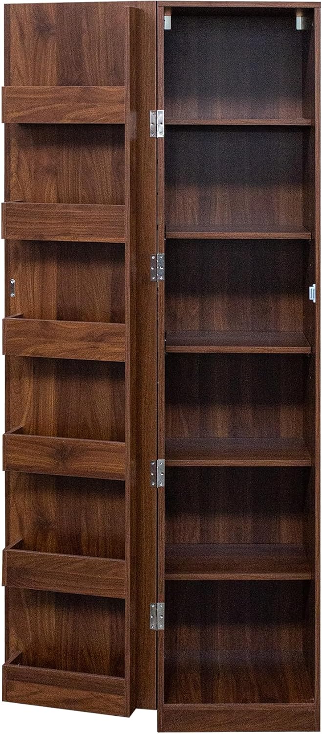 Mid Century Modern Kitchen Pantry Cabinet, 71" Tall Storage Cabinet with Door Racks & Multi-Tier Shelves, Rustic Wood Cupboard for Kitchen, Dining Room, Walnut