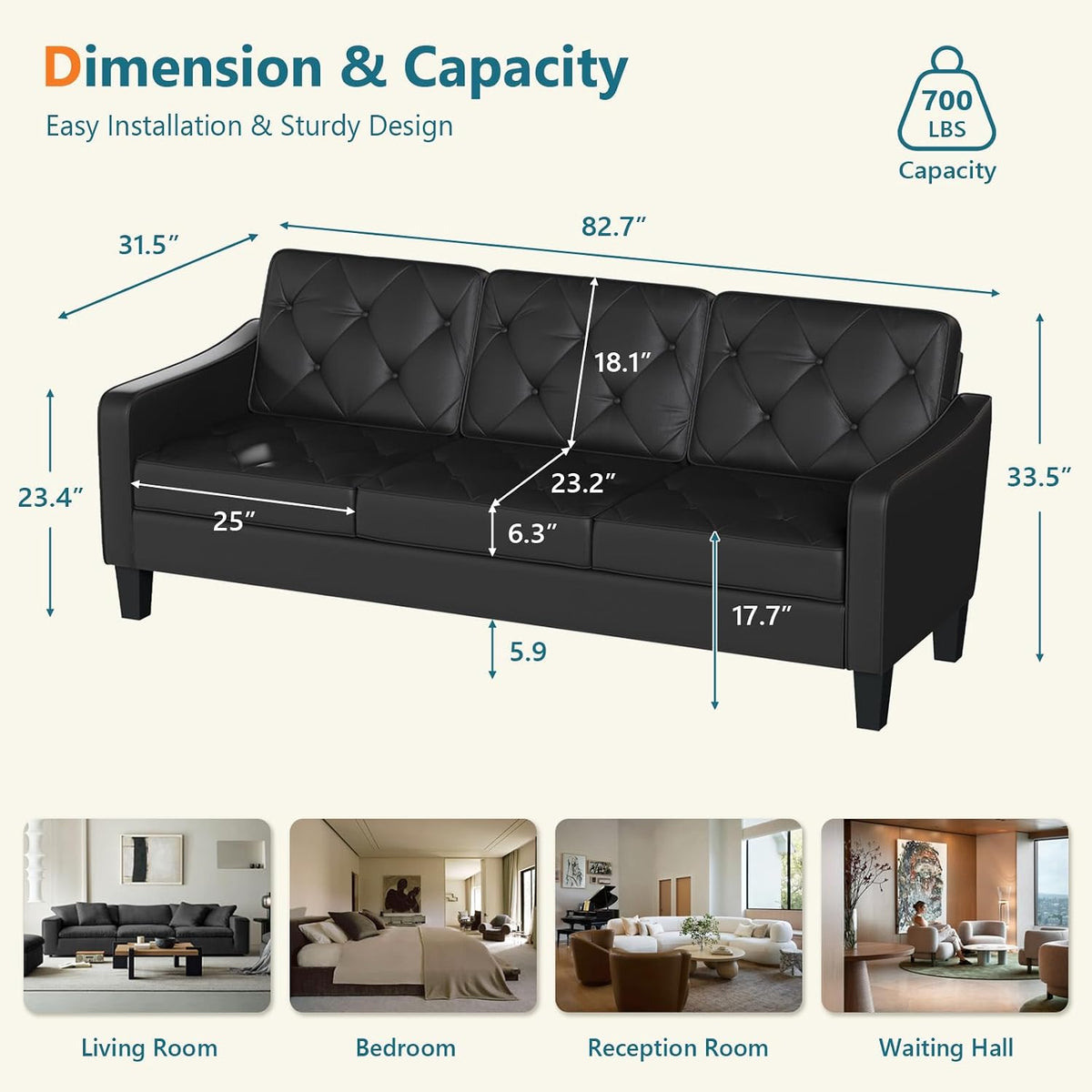 83" Black Faux Leather 3 Seater Couch, Mid Century Tufted Sofa Living Room | STHOUYN Office Couch, Tufted Design, High Resilience Foam, 700 lb Capacity, Easy Assembly, Waiting Room Area, Small Couches