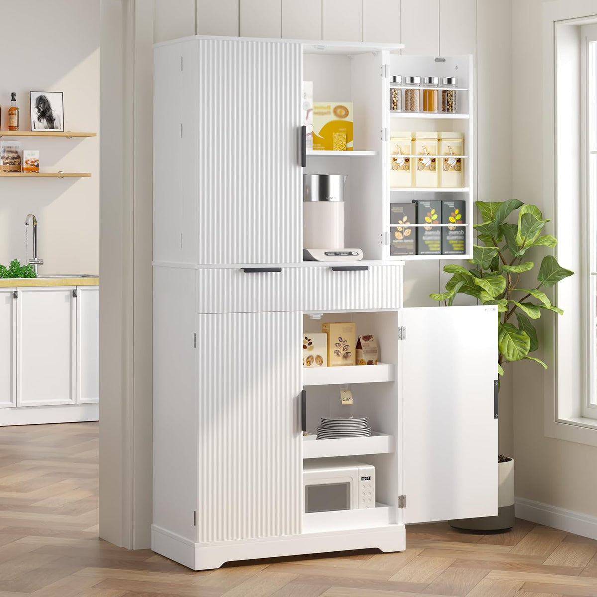 Modern Kitchen Pantry Cabinet, 71" Height Tall Freestanding Cupboard with a Drawer,3 Sliding Rack,6 Hanging Shelves,Fluted Kitchen Organizer Storage Cabinet for Dining Room Living Room (White-1)