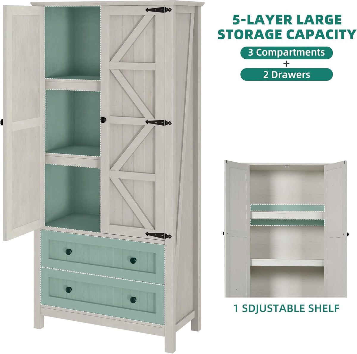 YITAHOME 64.5" Tall Kitchen Pantry Cabinet, Farmhouse Pantry Storage Cabinet with 2 Drawers & Adjustable Shelves, Ideal for Living Room, Kitchen or Hallway, White