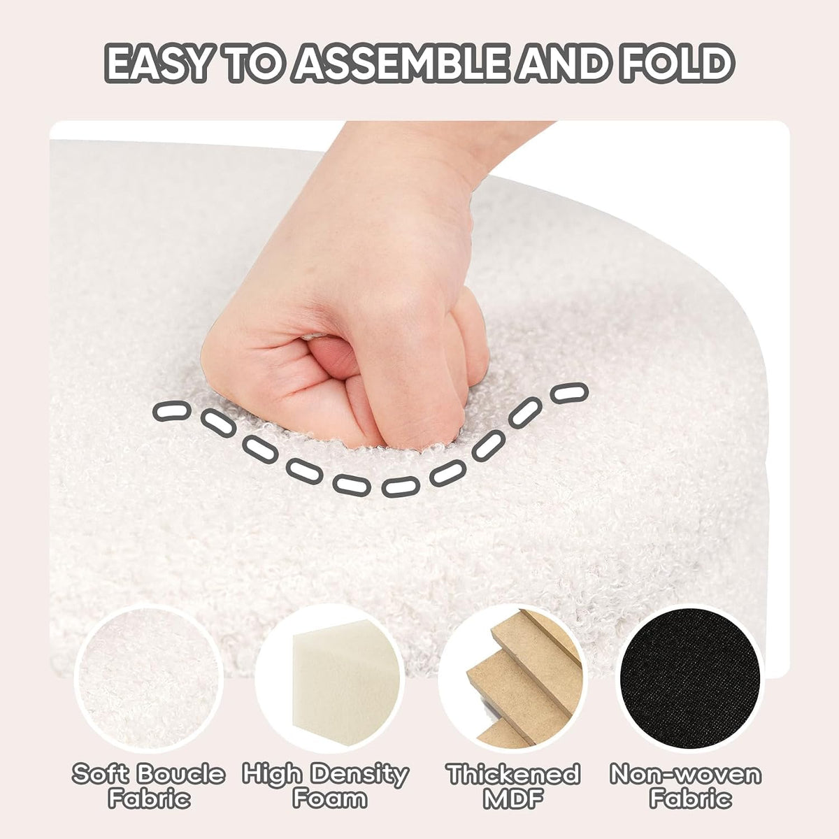 PINPLUS Round Storage Ottoman Foot Rest Stool with Tray Velvet Sherpa Folding Storage Ottoman,Boucle Foot Rest for Living Room, Bedroom, Dorm,Cream White