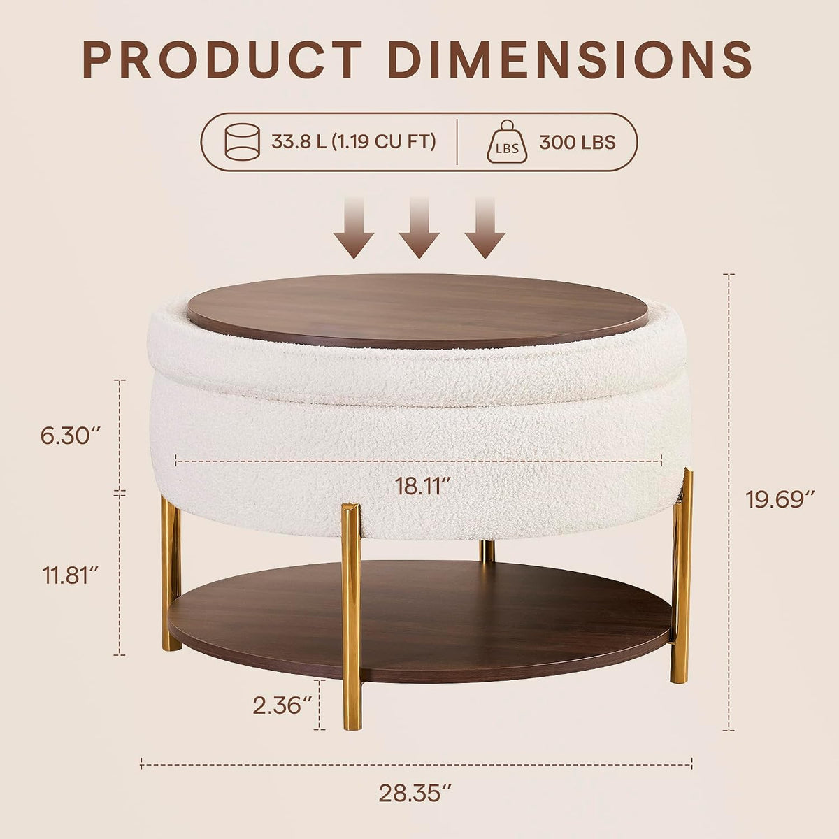 28.5 Inch Round Coffee Table Ottoman with Storgae, Modern Large Upholstered Circle Storgae Ottoman with Removable Lid Top and Metal Legs for Living Room, Bedroom, Teddy Fleece Beige