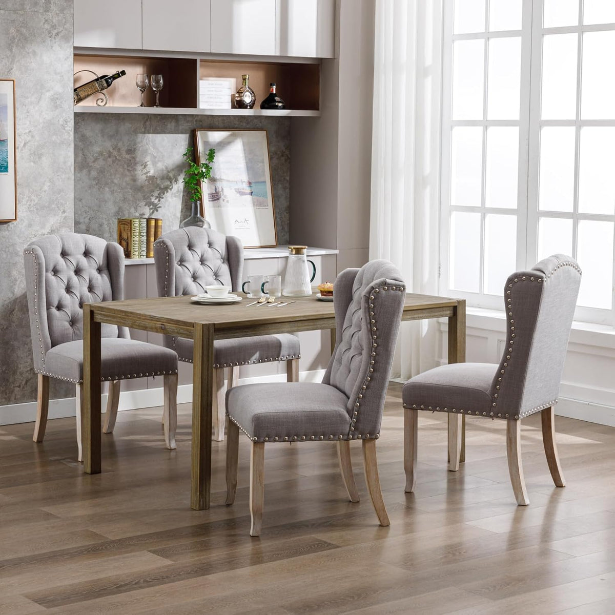 Ya-Home Modern Tufted Dining Chairs Set of 8, Upholstered Kitchen Room Side Chairs Accent Chairs with Wingback Nail Trims Wood Legs, Farmhouse Guest Chairs for Dining Room, Living Room, Linen Grey