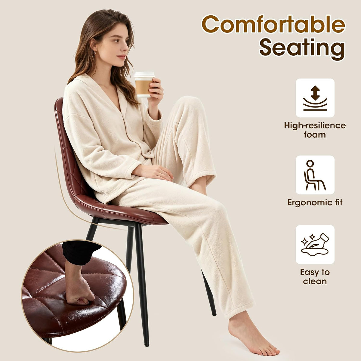 Set of 4 Brown Dining Chairs – Modern Armless Kitchen & Dining Chairs, Faux Leather Upholstery, Ergonomic Backrest & Sturdy Metal Legs