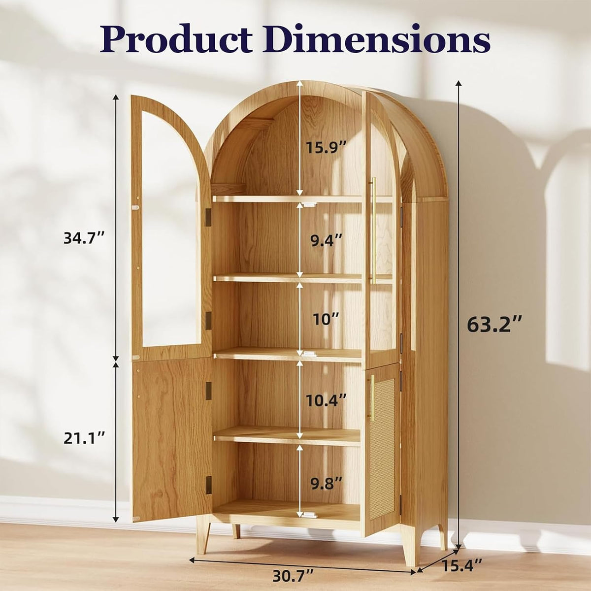63" Tall Arched Cabinet with Glass Doors, Kitchen Pantry Storage Cabinet with Dust-Proof Rattan, 5-Tier Curio China Cabinet with Adjustable Shelves for Living Room Dining Room, Oak