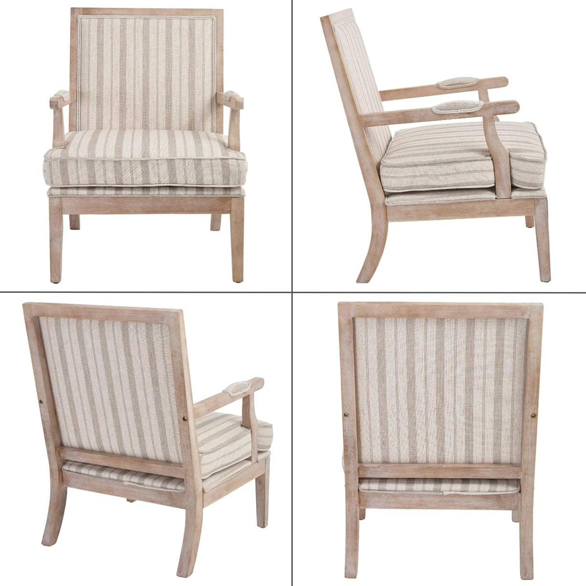 Modern Farmhouse Striped Accent Chair, Wide Upholstered Armchair with Armrest Pads, Coastal French Country Solid Wood Reading Chair for Living Room Bedroom Guest Room, Linen Fabric