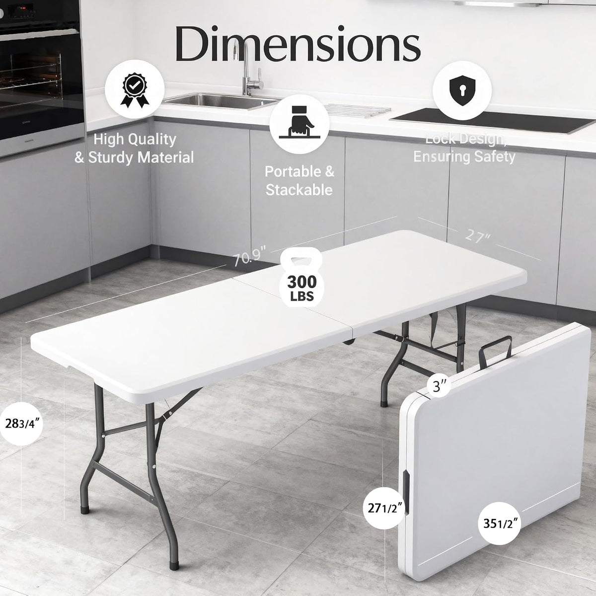 6 Feet Folding Table with Built in Handle & Fold-in-Half | Heavy Duty Portable | Lightweight Perfect for Party, Dining, Wedding, Events, Picnic Indoor, Outdoor, Camping, Utility-10P