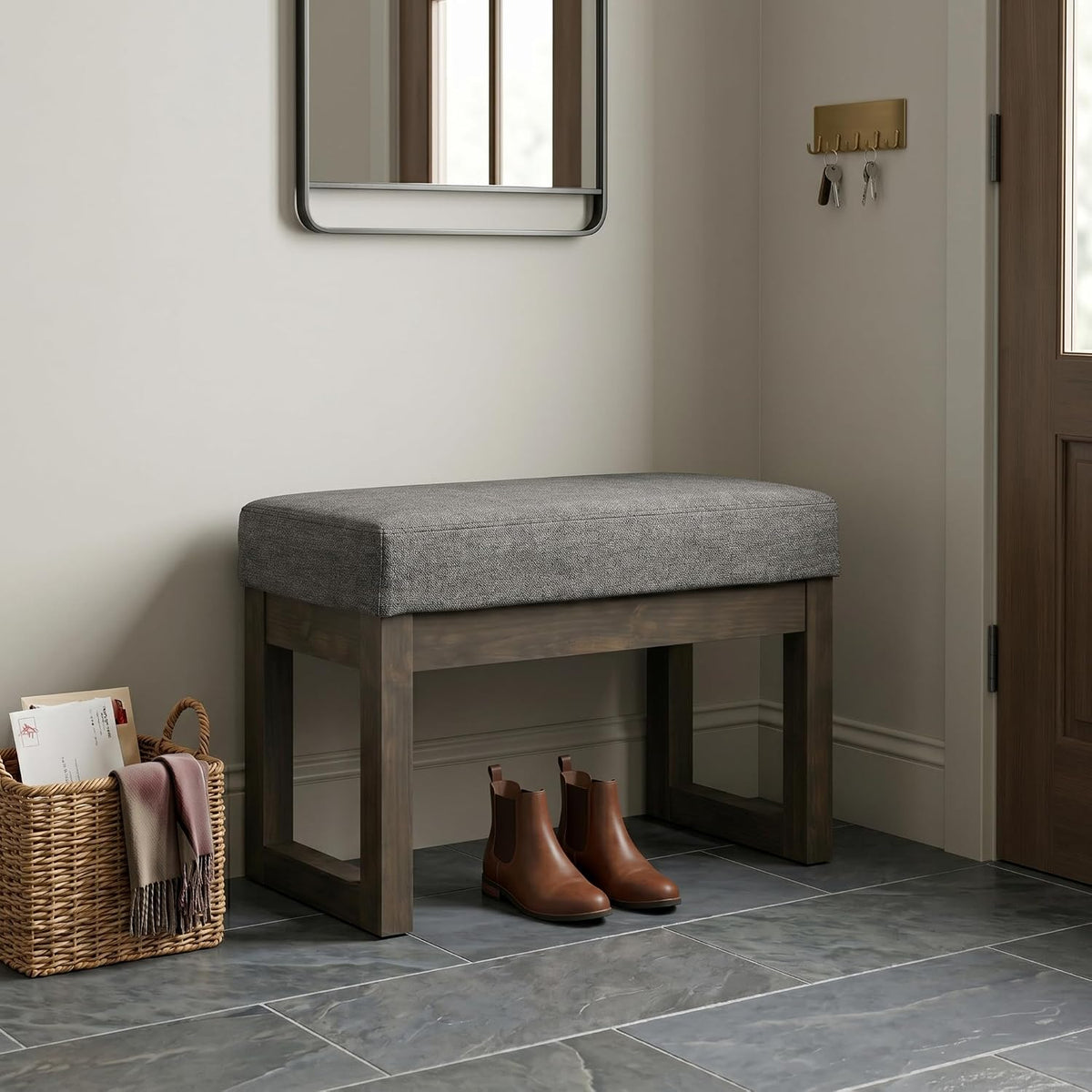 SIMPLIHOME Milltown 27" Wide Linen Look Rectangle Ottoman in Grey | Contemporary ottoman with a cushioned seat for extra seating in your bedroom or entryway; footstool, footrest or pouf.