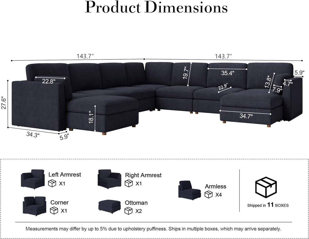 Oversized Modular Sectional Sofa U-Shaped Cloud Couches Blue | 9 Seater Large Deep Seat Couch Luxury Sectional Couches for Living Room, Solid Wood Frame, Removable Washable Cover