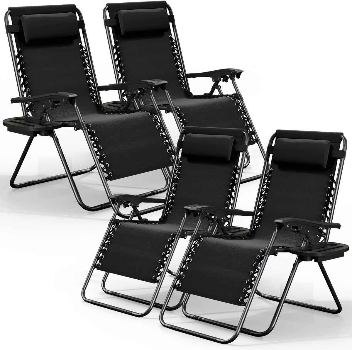 Nestl Zero Gravity Chairs Set of 4, Patio Lounge Chair Outdoor with Pillows & Cup Holder Trays, Adjustable Steel Mesh Reclining Camping Chair, Folding Patio Lawn Chair for Deck, Beach, Yard - Black