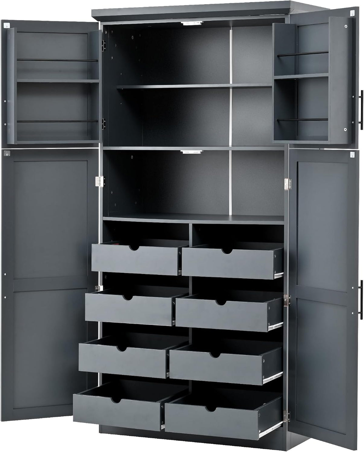 71" Tall Kitchen Pantry Cabinet with 4 Doors, 8 Pull-out Trays (Gray) | Adjustable Shelves, Freestanding Storage Cabinet for Kitchen Dining Room Living Room, Anti-Tip Design