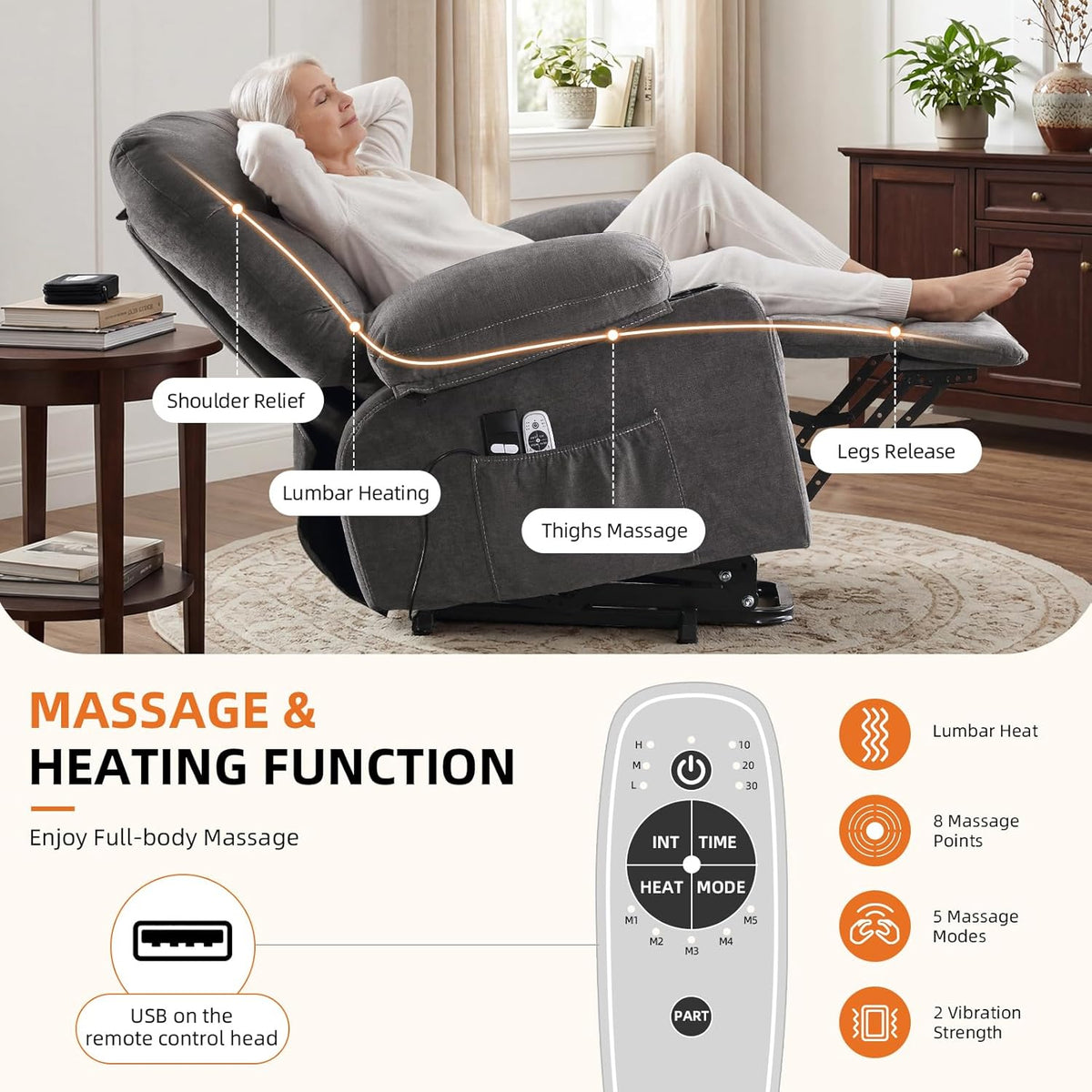 Power Lift Recliner Chair for Elderly,8-Point Vibration Massage & Heat,Electric Lift Chair with Two Cup Holders,4 Side Pockets,Extended Footrest for Living Room