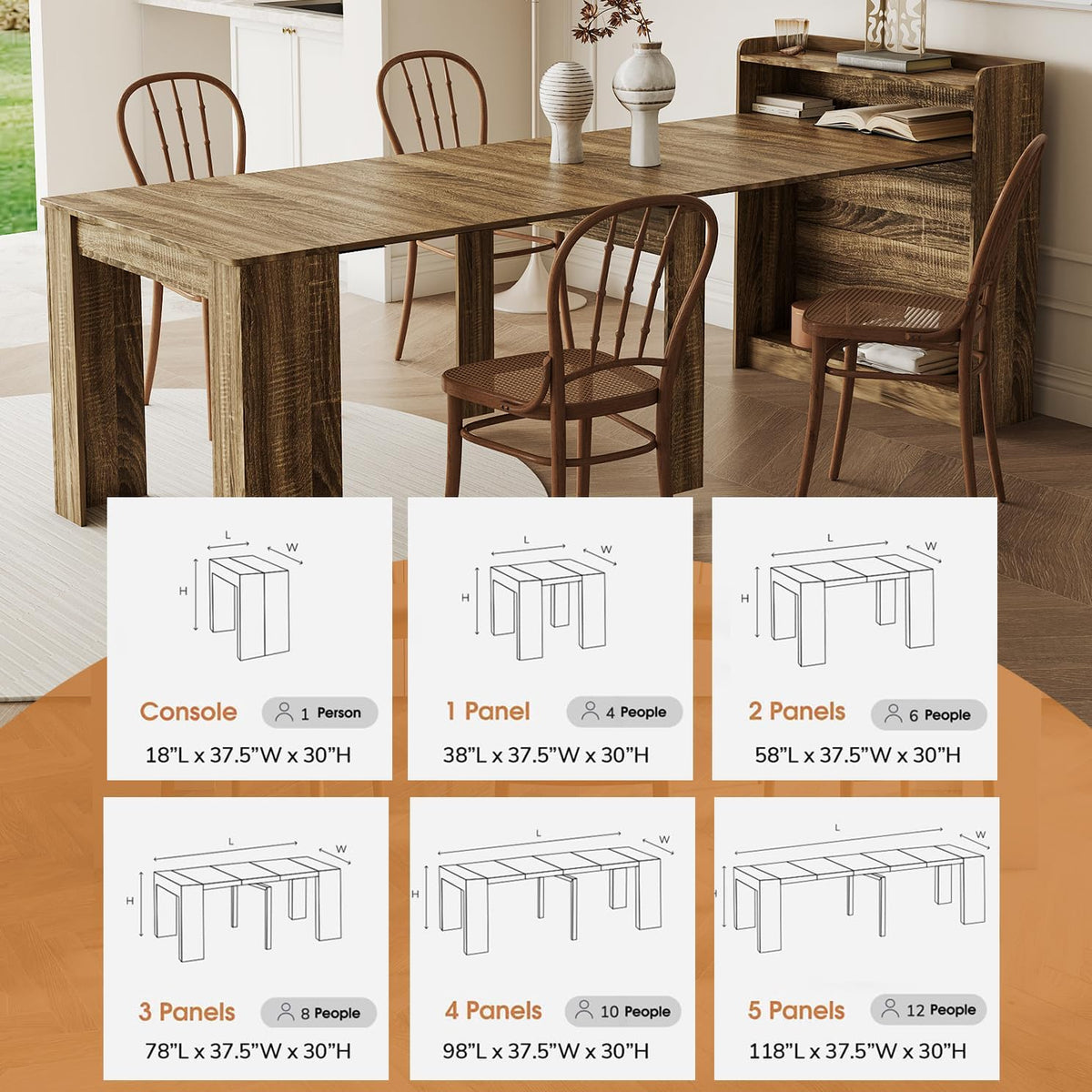 Rustic Wooden Extendable Dining Table with Storage, 20"-99" Modern Transformer Kitchen Table for 2-12, Oak Extendable Console Table with Extension Leaves Holder for Entryway Dining Room