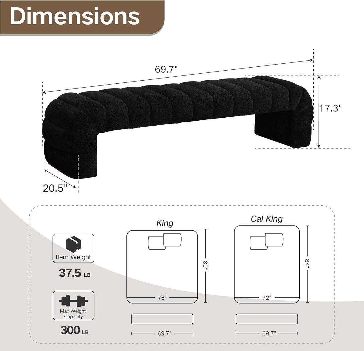 Shoe Bench for Entryway, 69.7''W Modern End of Bed Bench Long Ottoman for Living Room, Cloakroom, Black.