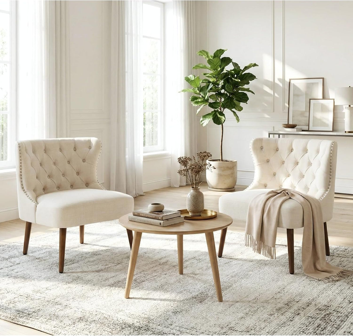 chairus Tufted Slipper Accent Chairs Set of 2, Linen Upholstered Armless Living Room Chairs with Nailhead Trim, Mid-Century Modern Wingback Side Chairs for Bedroom Office Reception, Cream White