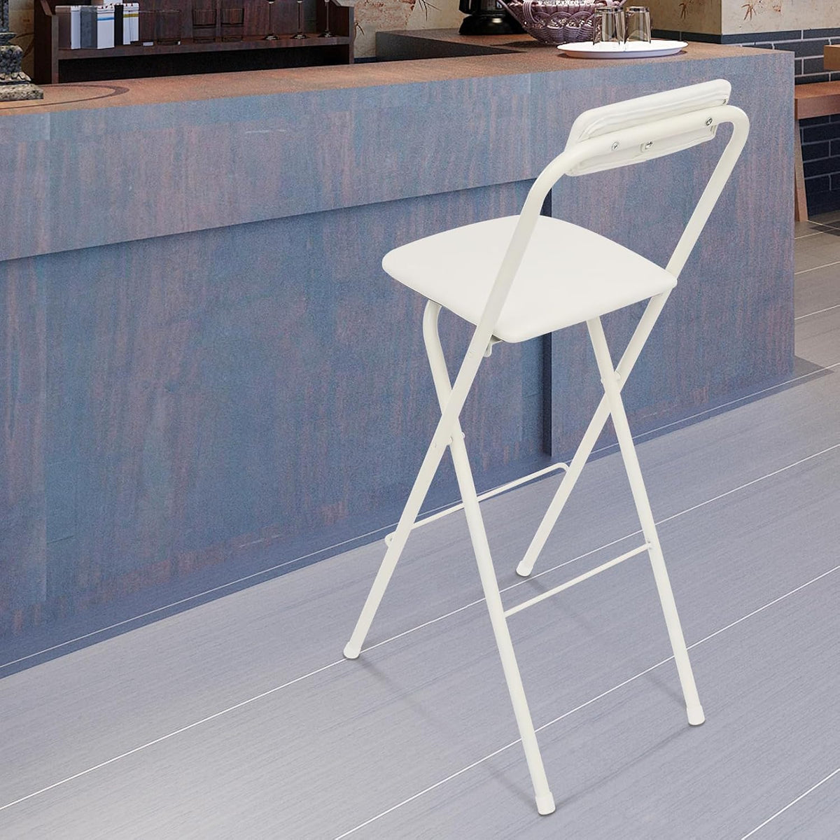 Folding Bar Stool with Back, 1 Pcs 30 Inch Tall Foldable Stool Chair Portable High Folding Bar Chair Counter Height Seat Leather Padded for Kitchen Shop Cafe Dining Room (30 Inch Tall White)