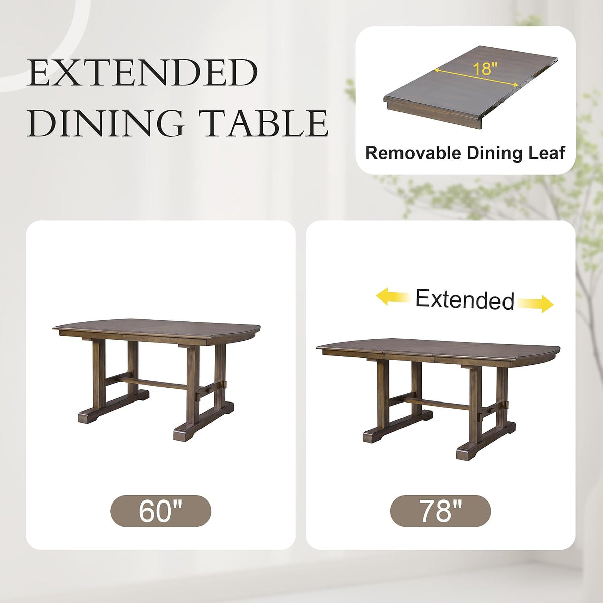 6-Piece Dining Table Set, 60inch to 78inch Extendable Wood Dining Table with Removable Leaf, Kitchen Table Set with 4 Upholstered Side Chair and Bench, Dining Table Set for 6 (Brown)