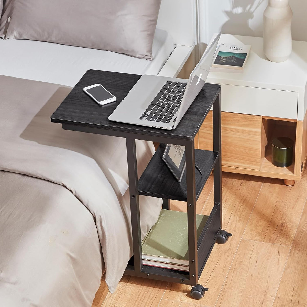 Farini C Shaped Sofa Side End Table, Mobile Snack Table with Brake Wheels Couch Bedside Table with 3-Layer storages,Black Oak