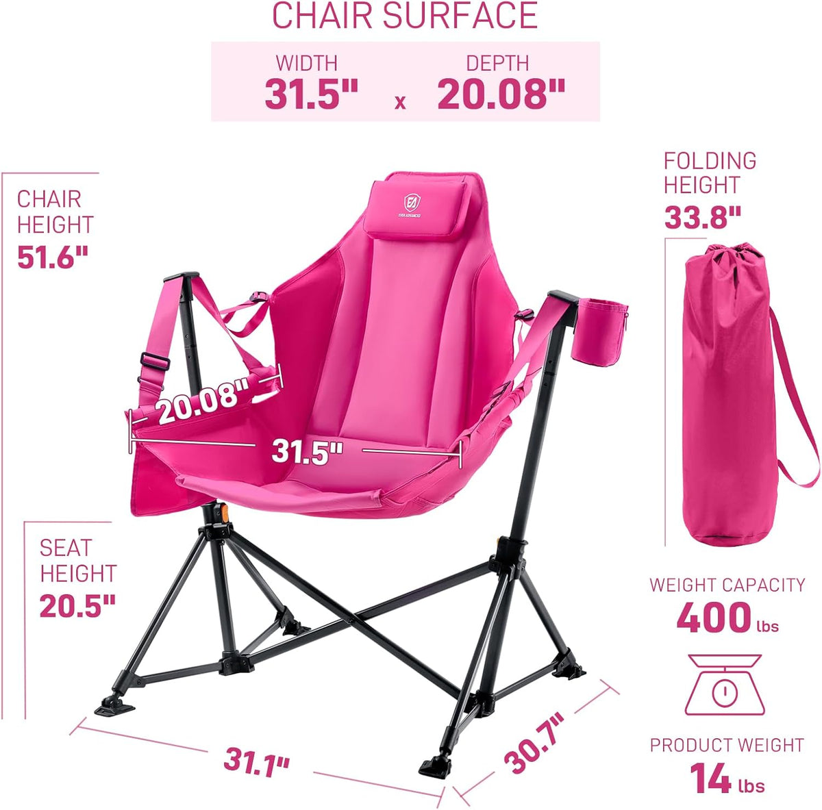 EVER ADVANCED Padded Oversized Hammock Camping Chair, Compact Heavy Duty Swing Chair with Multi-Storage Pockets, Portable Folding Rocking Camping Chair, Support Up to 400lbs, Pink