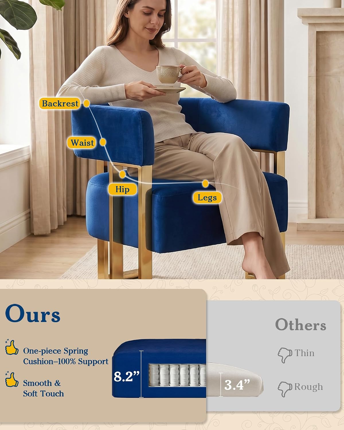 AODAILIHB Blue Modern Accent Chairs Set of 2, Velvet Barrel Chairs with Gold Metal Legs - Upholstered Armchairs for Living Room, Bedroom, Lounge & Waiting Room