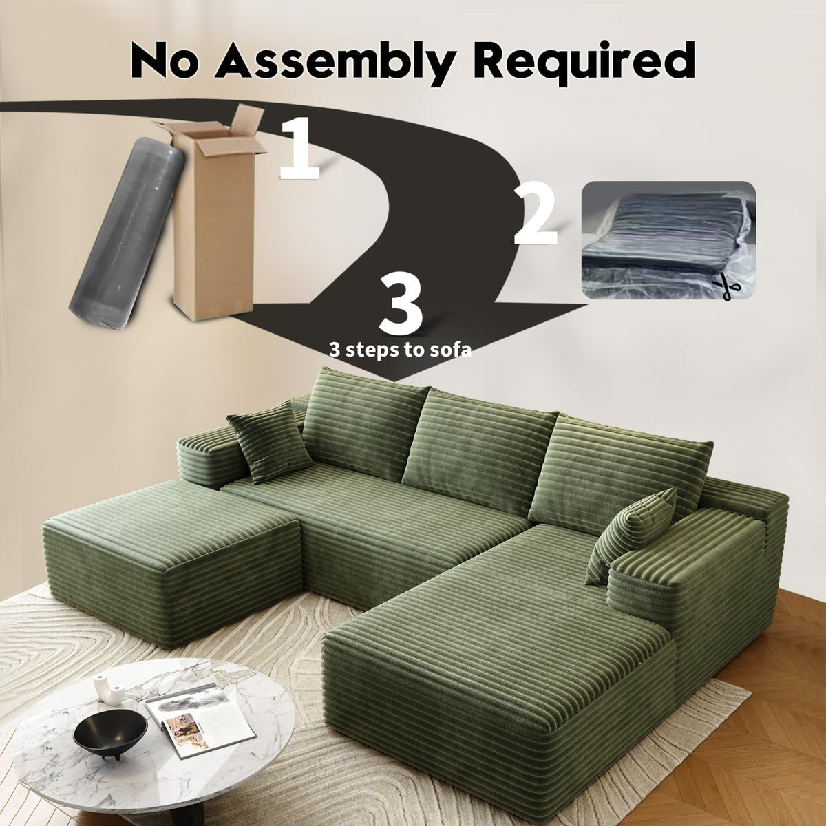 95" Sectional Couches for Living Room Cloud Couch Sofa with L-Shape Upholstered Couchs Modern Modular Sectional Couch with Chaise (Green, 95" W 2-Seater+Right Chaise+Ottoman)