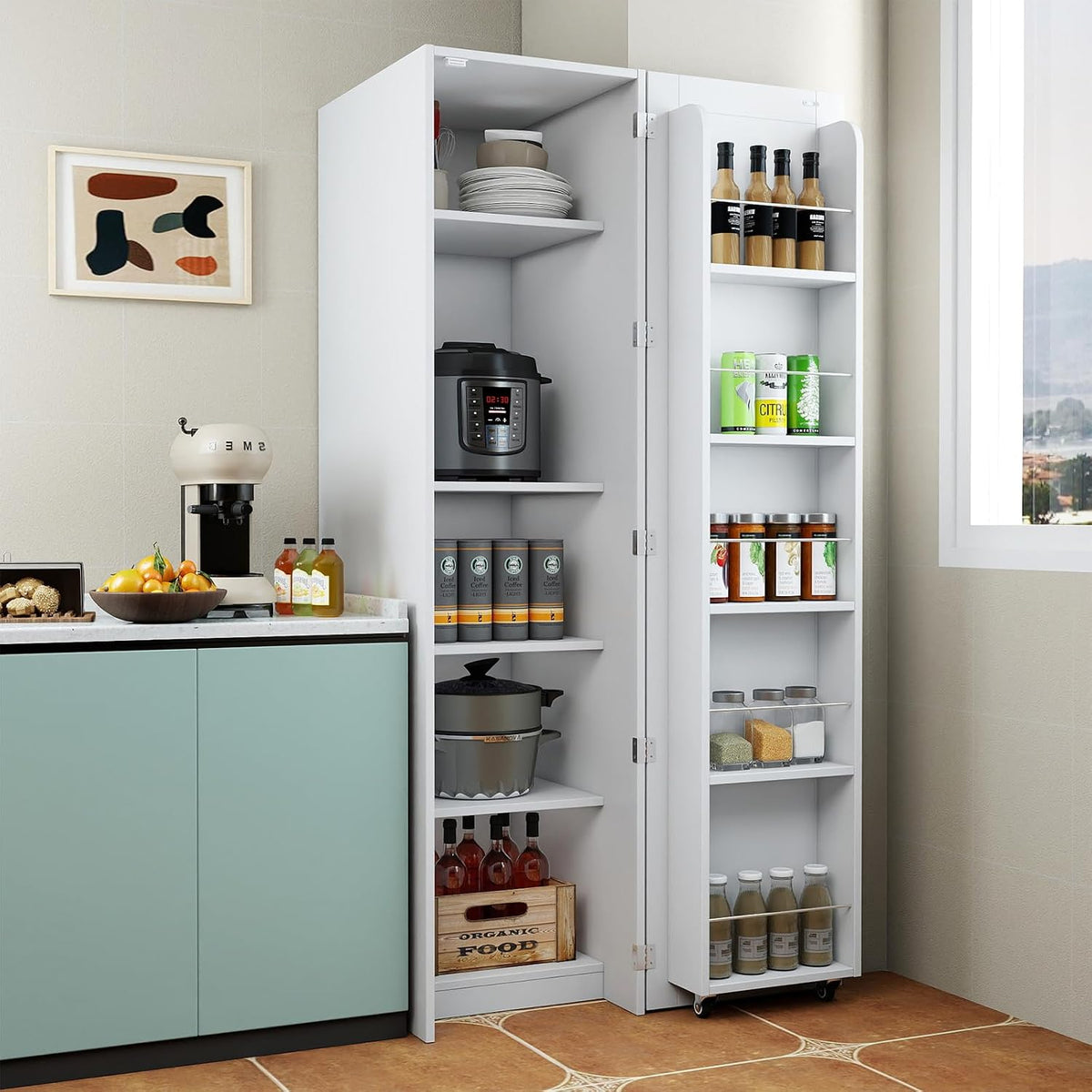 JOYSOURCE 22 in Deep Kitchen Pantry Storage Cabinet with Doors and Adjustable Shelves Tall Large Cupboard with Door Shelving, Wheel Support for Food White