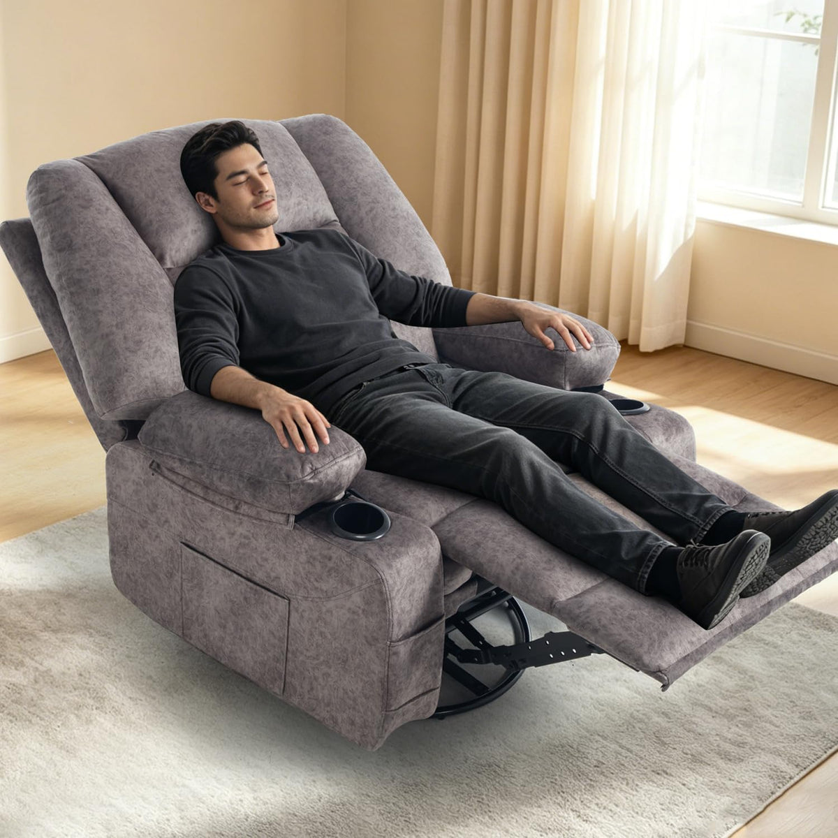 KCQ Oversized Swivel Rocker Recliner Chair with Massage Heat Cup Holders, Overstuffed Fabric Heated Massaging Swivel Glider Chair Rocking Recliner Chair, Grey