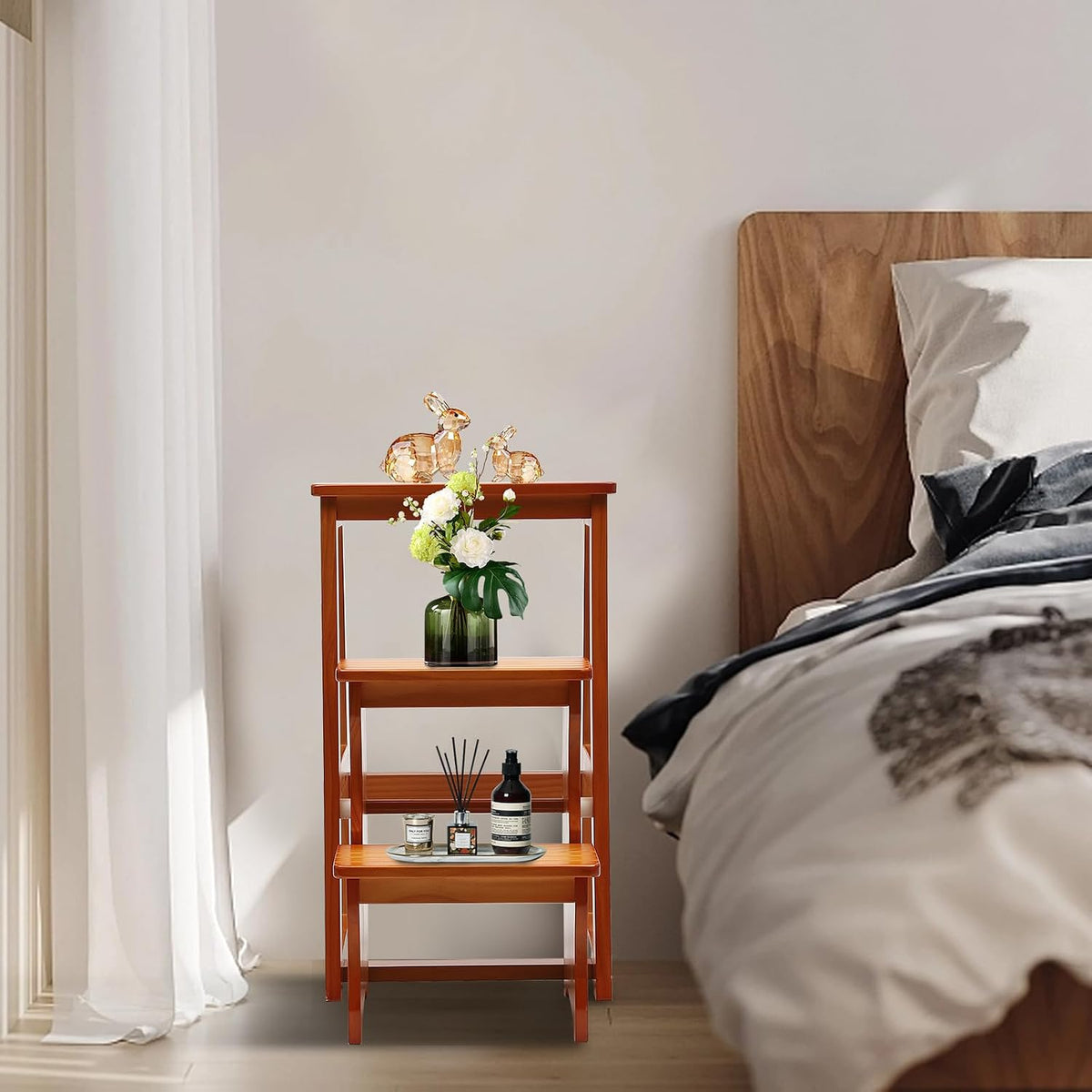 Folding Library Ladder Chair, 3-Step Stool Stepladders Lightweight Portable Multi-Functional Wood Step Ladder for Home,Kitchens, Garages (Honey)