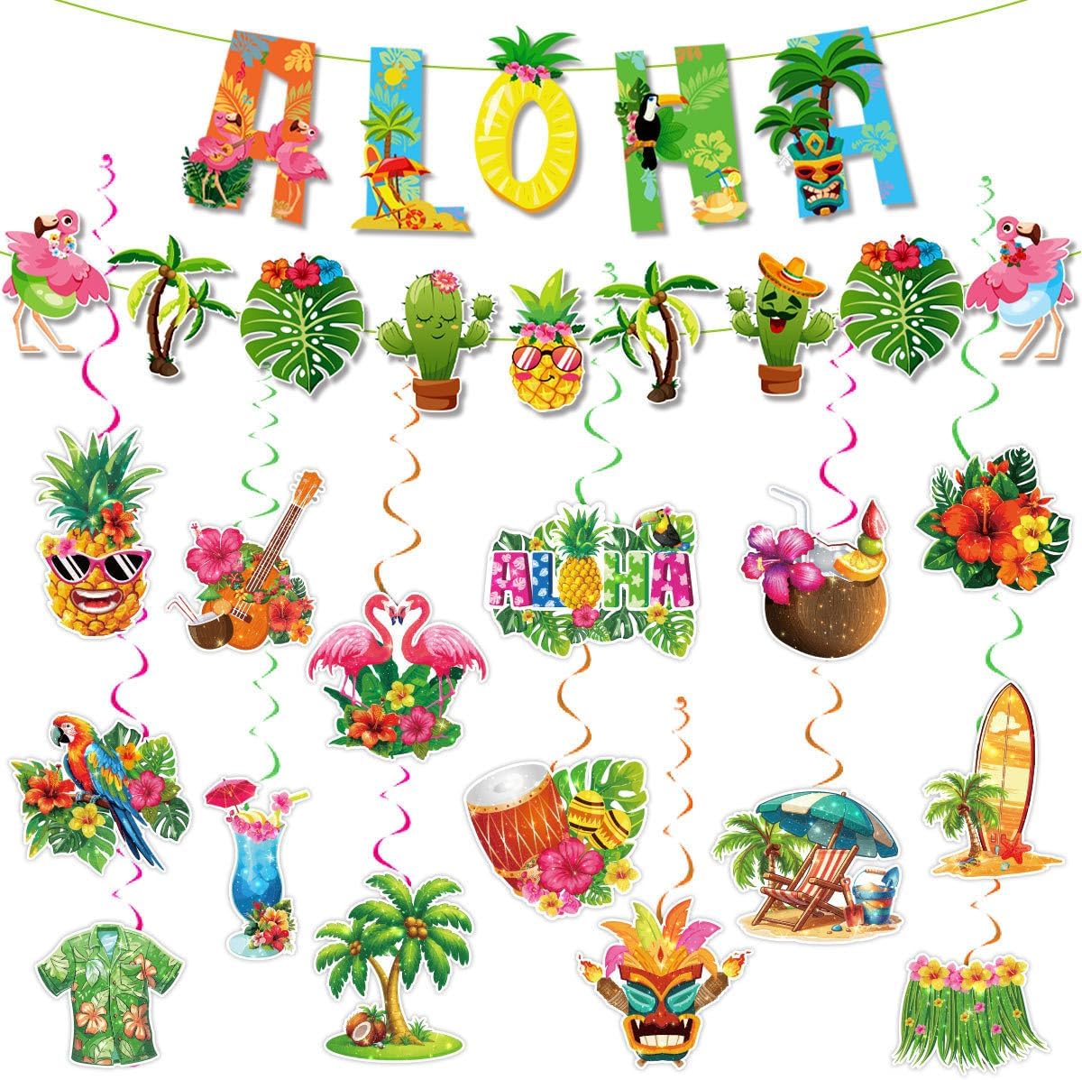 Hawaiian Party Hanging Decorations, Tropical Luau Hanging Swirls with Aloha Flamingo and Palm Tree Signs for Beach Pool Party Birthday Decor
