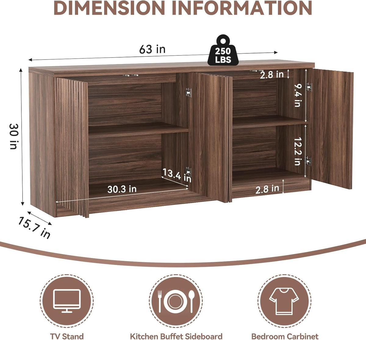 63" Fluted Buffet Cabinet Sideboard with Storage,Large Credenza with 4 Doors with Adjustable Shelves,Wood Mid Century Modern Sideboard for Kitchen, Living Room,Entryway(Walnut)