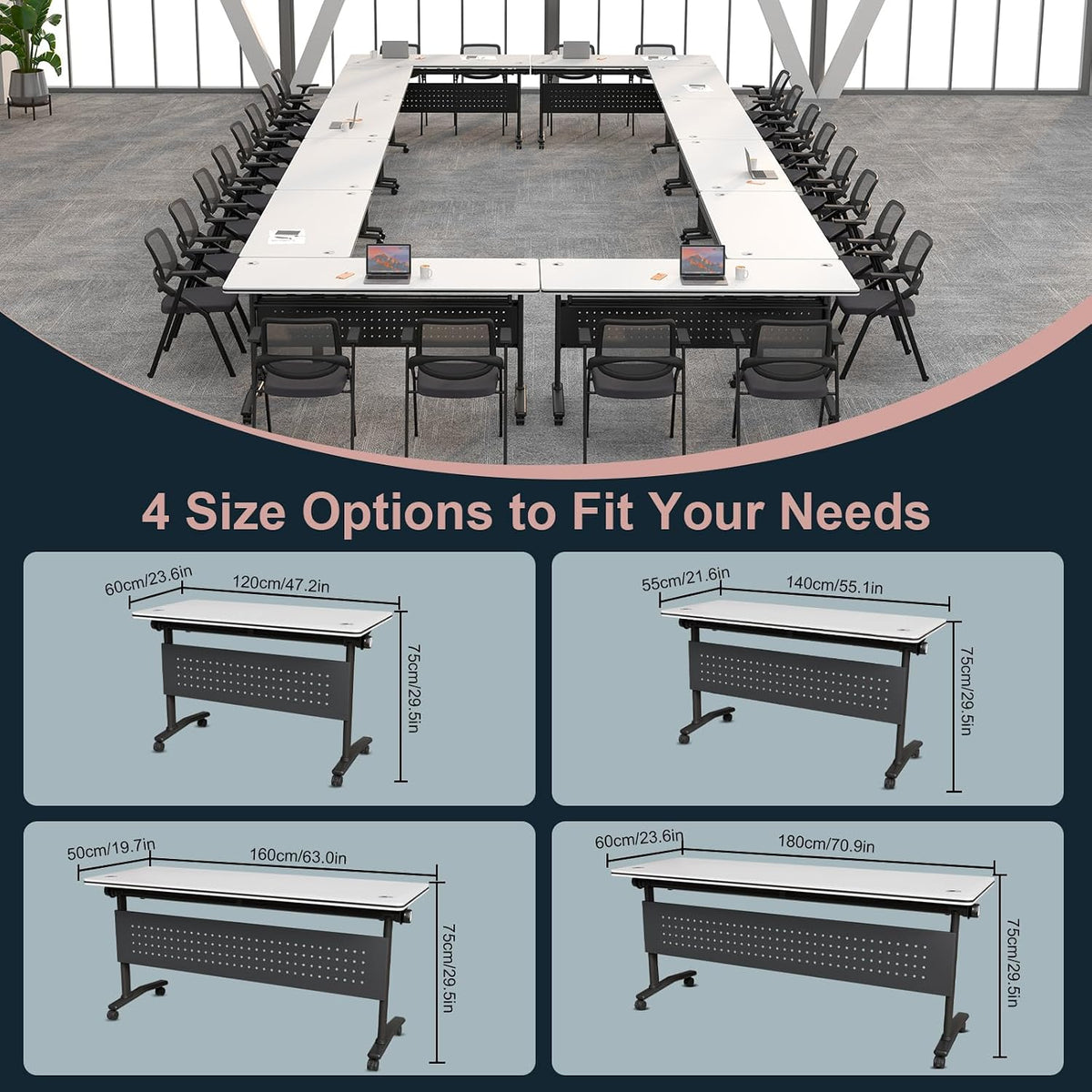 Conference Tables On Wheels,6 Pack Modular Folding Conference Room Table Mobile Meeting Training Table for Office,Modern Rolling Seminar Tables for School,Classroom(70.8" L * 23.6" W *29.5" H, 4)