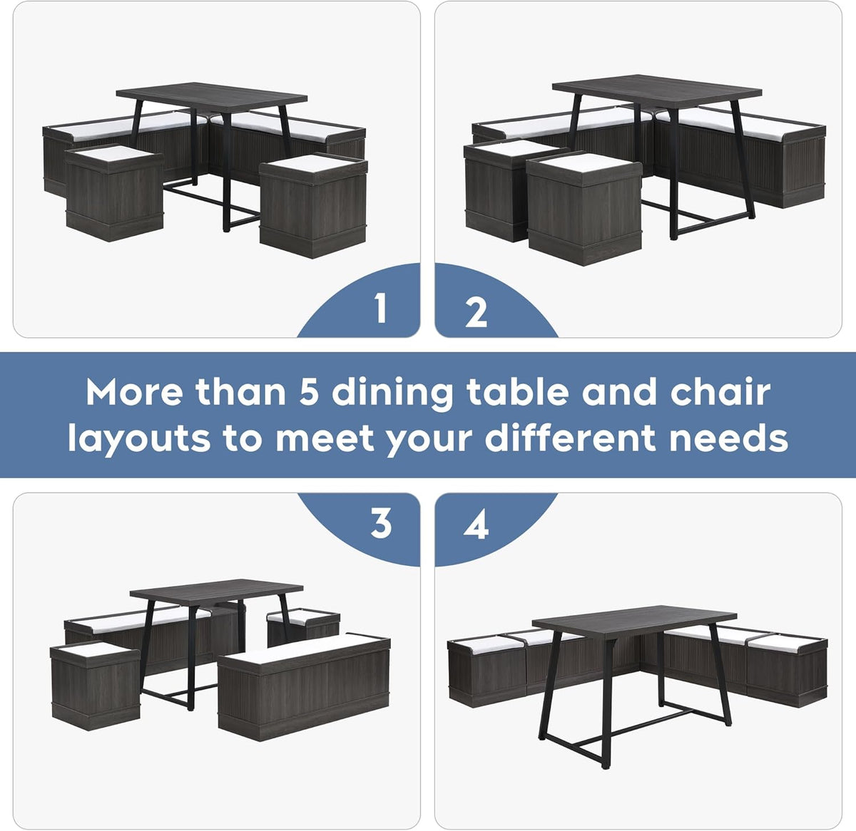 Brafab Corner Dining Table Set, 43 Inch Breakfast Nook Table Set with Bench with Hidden Storage & 2 Ottomans, 5-Piece Corner Bench Dining Table Set, Brown