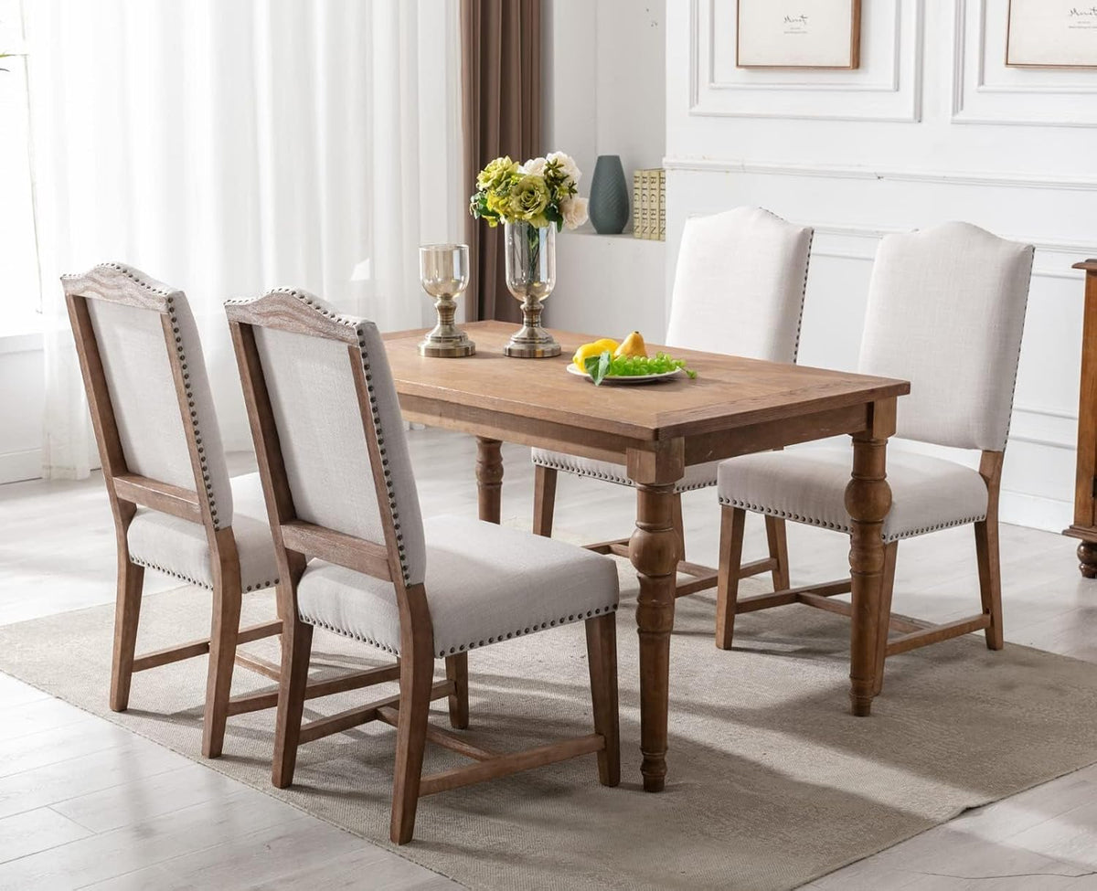 CIMOTA Mid Century Modern Dining Chairs Set of 6, Farmhouse Upholstered Dining Room Chairs Comfortable Kitchen Side Chairs with High Back/Natural Solid Wood Frame, Linen Beige