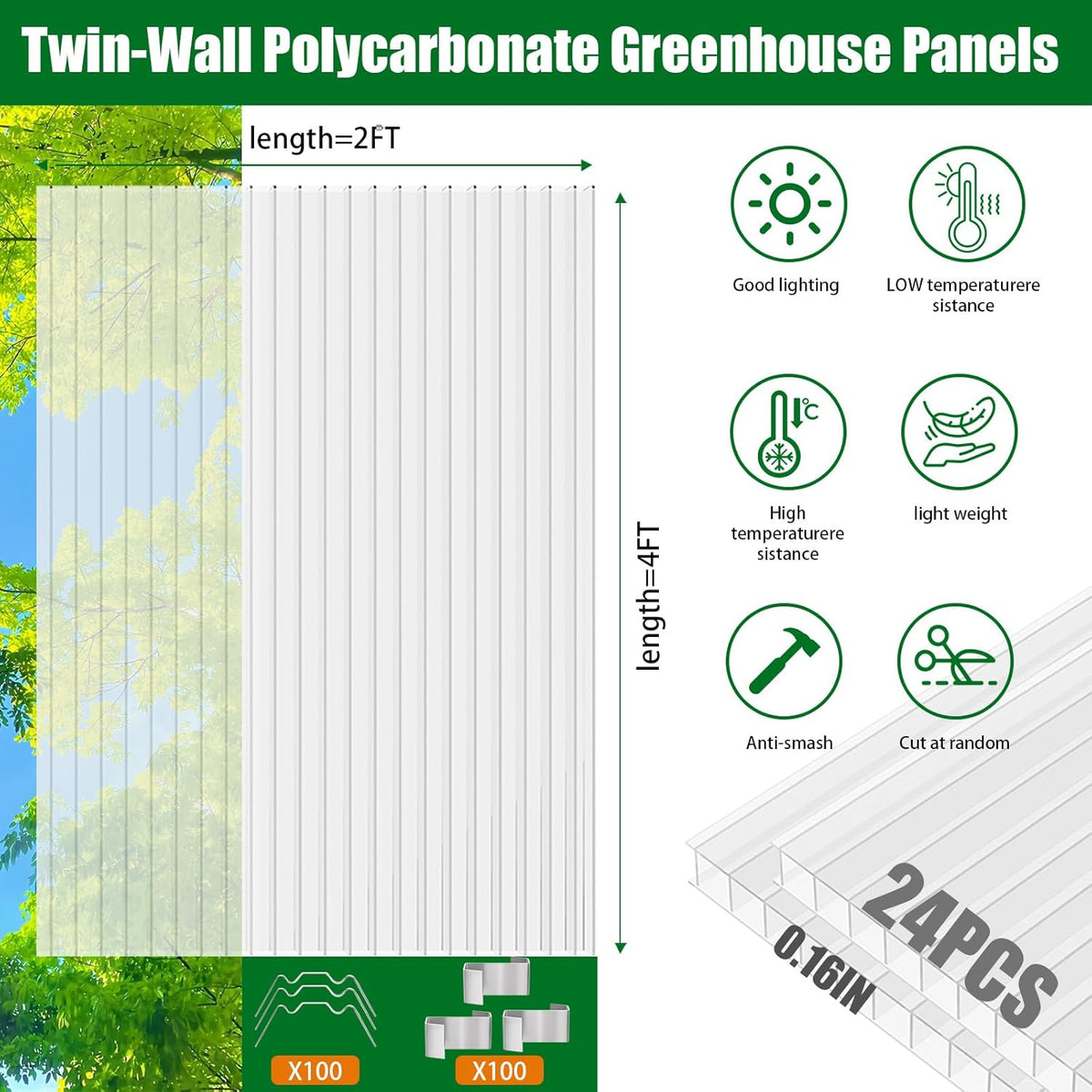 Polycarbonate Greenhouse Panels 24 Pack 4' x 2' x 0.16" Twin-Wall UV-Protected All Weather Plastic Roof Panel Clear Replacement Sheets for Garden Fences, Furniture DIY,Outdoor Roofing