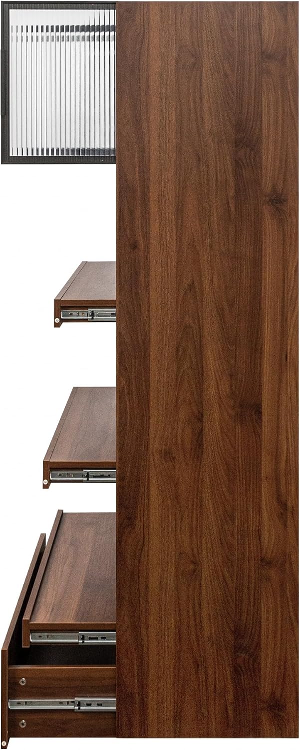 Tall Kitchen Pantry Cabinet with Microwave Stand, Walnut Coffee Bar Cabinet with Drawer, Pull-Out Storage Shelves and Aluminum Frame Glass Doors, Freestanding Food Hutch for Kitchen and Dining Room